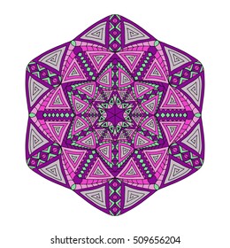 Colorful hand drawn hexagon pattern. Ethnic indian mandala. Abstract geometric ornament made of lines, triangles, squares for umbrellas, sportswear, textile, tile in grey, pink and purple colors