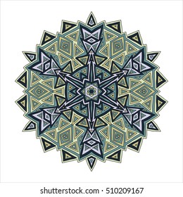 Colorful hand drawn hexagon pattern. Ethnic indian mandala. Abstract geometric ornament made of lines, triangles, squares for umbrellas, sportswear, textile, tile in green and yellow colors