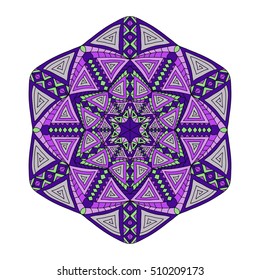 Colorful hand drawn hexagon pattern. Ethnic indian mandala. Abstract geometric ornament made of lines, triangles, squares for umbrellas, sportswear, textile, tile in pink, purple and grey colors