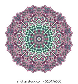 Colorful hand drawn hexagon pattern. Ethnic indian mandala. Abstract geometric ornament made of lines, triangles, squares for umbrellas, sportswear, textile, tile