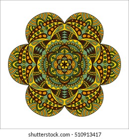 Colorful hand drawn hexagon pattern. Ethnic indian mandala. Abstract geometric ornament  for umbrellas, sportswear, textile, tile.  Stained glass template in green, brown, yellow and orange colors