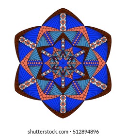 Colorful hand drawn hexagon pattern. Ethnic indian mandala. Abstract geometric ornament made of lines, triangles, squares for umbrellas, sportswear, textile, tile