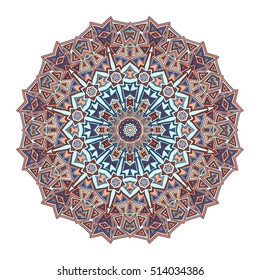 Colorful hand drawn hexagon pattern. Ethnic indian mandala. Abstract geometric ornament made of lines, triangles, squares for umbrellas, sportswear, textile, tile