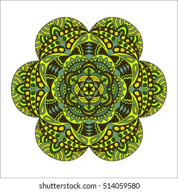 Colorful hand drawn hexagon pattern. Ethnic indian mandala. Abstract geometric ornament  for umbrellas, sportswear, textile, tile.  Stained glass template