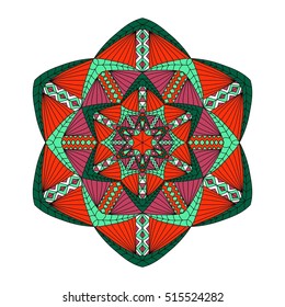 Colorful hand drawn hexagon pattern. Ethnic indian mandala. Abstract geometric ornament made of lines, triangles, squares for umbrellas, sportswear, textile, tile
