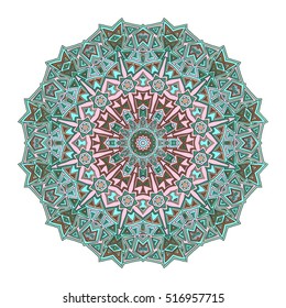 Colorful hand drawn hexagon pattern. Ethnic indian mandala. Abstract geometric ornament made of lines, triangles, squares for umbrellas, sportswear, textile, tile