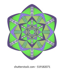Colorful hand drawn hexagon pattern. Ethnic indian mandala. Abstract geometric ornament made of lines, triangles, squares for umbrellas, sportswear, textile, tile