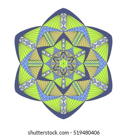 Colorful hand drawn hexagon pattern. Ethnic indian mandala. Abstract geometric ornament made of lines, triangles, squares for umbrellas, sportswear, textile, tile