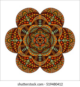 Colorful hand drawn hexagon pattern. Ethnic indian mandala. Abstract geometric ornament  for umbrellas, sportswear, textile, tile.  Stained glass template