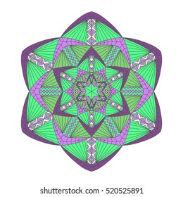Colorful hand drawn hexagon pattern. Ethnic indian mandala. Abstract geometric ornament made of lines, triangles, squares for umbrellas, sportswear, textile, tile