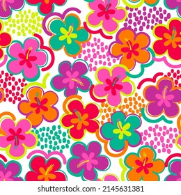 Colorful hand drawn hibiscus flower seamless pattern for summer holidays background.