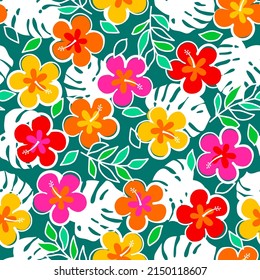 Colorful hand drawn hibiscus flower with tropical leaf seamless pattern for summer holidays background.