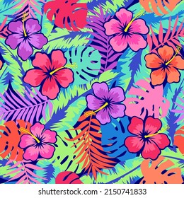 Colorful hand drawn hibiscus flower with tropical leaf seamless pattern for summer holidays background.