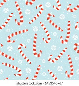 Colorful Hand Drawn Holiday Christmas and New Year Candy Canes and White Snowflakes Vector Seamless Pattern