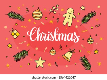 Colorful hand drawn holiday doodle pattern with balls, tree, stars and bell. Christmas and New Year greeting card. Flat vector illustration