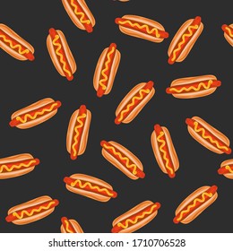 Colorful hand drawn hot dogs on black background. Seamless pattern vector illustration.