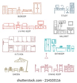 Colorful hand drawn house related furniture elements
