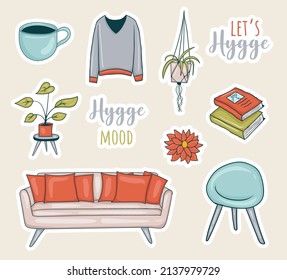 Colorful Hand drawn hygge stickers collection