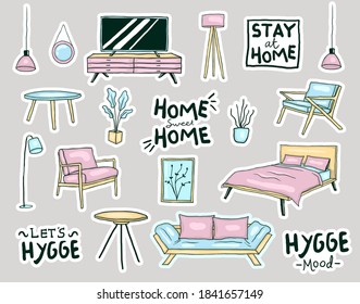 Colorful Hand drawn Hygge style Home furniture stickers collection