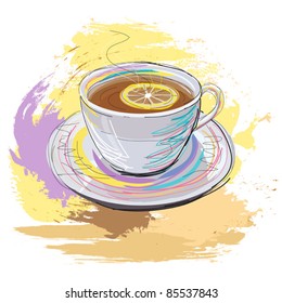 colorful hand drawn illustration of cup of fragrant black tea with lemon, created as very artistic painterly style for your design, isolated on white