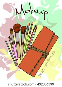 Colorful hand drawn illustration of makeup brushes.