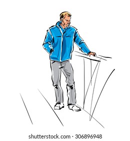 Colorful hand drawn illustration of mused man with his hand in pocket.