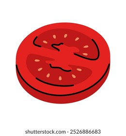 Colorful hand drawn illustration of a red tomato slice, ideal for recipe book and menu
