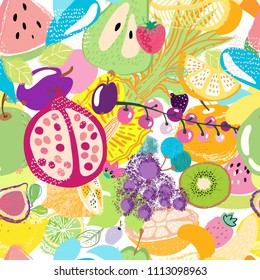 Colorful Hand drawn illustration set of fruits and berries for beautiful design, seamless pattern