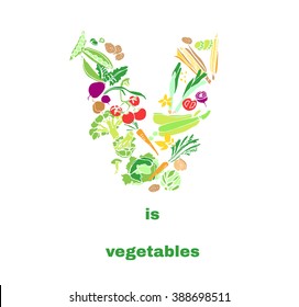 Colorful hand drawn illustration" v is vegetables". Set of different summer and spring isolated vegetables on white background. 