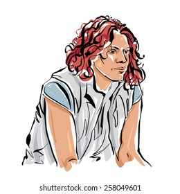 Colorful hand drawn illustration of a woman on white background, red-haired girl.
