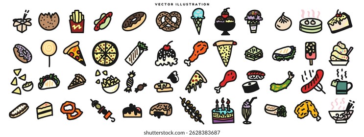 Colorful Hand drawn illustrations of fast food, pastry, desserts, and sweets. Doodle of meat, chicken, fries, kebab, dim sum, pizza, ice cream, donut, cake, fried food, chips, taco, kebab, sushi. 