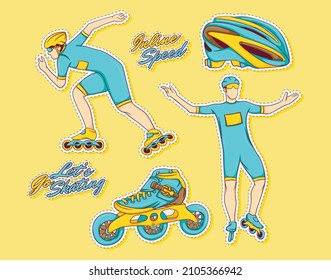 Colorful hand drawn inline speed skating with roller skate stickers collection