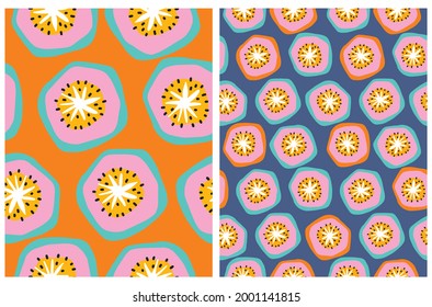 Colorful Hand Drawn Irregular Geometric Seamless Vector Patterns. Blue and Pink Abstract Exotic Fruits Isolated on a Dark Blue and Orange Background.