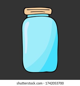 Colorful hand drawn jar. Contour sketch. Cartoon kitchen objects doodle style. Vector illustration isolated on dark background. Alchemy and vintage.