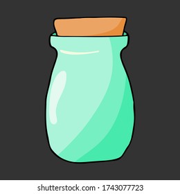 Colorful hand drawn jar. Contour sketch. Cartoon kitchen objects doodle style. Vector illustration isolated on dark background. Alchemy and vintage.