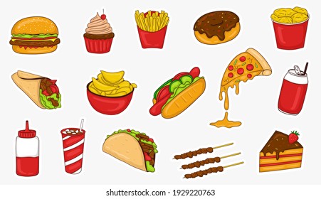 Colorful Hand Drawn Junk Food Stickers Collection