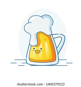 Colorful hand drawn kawaii beer mug with foam on table isolated on white, Yellow, orange, blue. Beer day, party concept