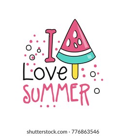 Colorful hand drawn label with piece of watermelon ice cream on stick. I love summer. Line style icon. Typography vector design for t-shirt print, postcard or poster