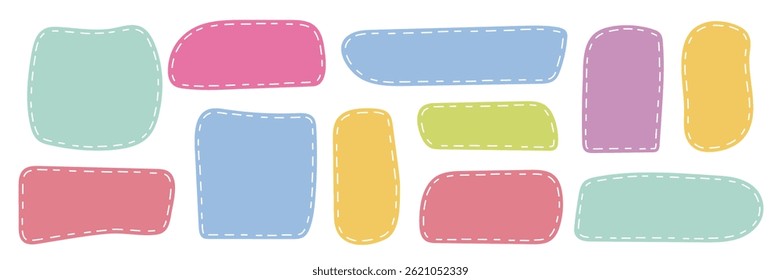 Mão colorida Rótulo desenhado com doodle bordas costuradas. Quadros retangulares irregulares em cores pastel. Perfeito para scrapbooking, desenhos infantis, planejadores criativos, adesivos, embalagens, projetos DIY
