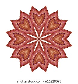 Colorful hand drawn lace doodle round abstract ornament. openwork pattern with curved lines, semicircles and shares