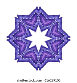 Colorful hand drawn lace doodle round abstract ornament. openwork pattern with curved lines, semicircles and shares