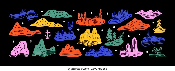 Colorful hand drawn landscape doodle set. Nature mountain cartoon icon collection. Outdoor environment bundle, natural scenery element illustration.