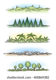 Colorful hand drawn landscapes with trees, hills and rocks. Vector doodle illustration