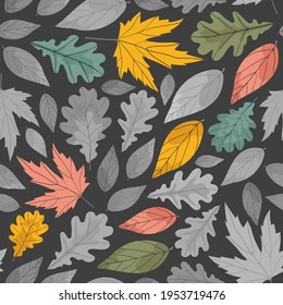 Colorful hand drawn leaves seamless pattern. Modern print on dark background. Vector surface design. For textile design and apparel.  Seasonal endless illustration.