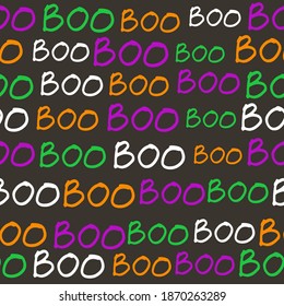 colorful hand drawn lettering isolated on black background. BOO. halloween background seamless pattern. hand drawn vector. doodle font. wallpaper, backdrop, fabric, textile, wrapping paper and gift. 