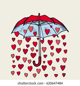 Colorful hand drawn love concept with opened umbrella covering red hearts isolated vector illustration