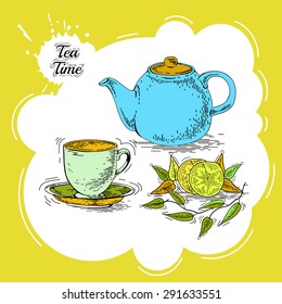 Colorful Hand drawn lunch set include Cup, saucer, maker, dessert can use for labels