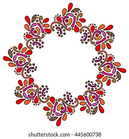 Colorful hand drawn mandala indian frame. Round curly frame isolated on white background. Vector illustration.