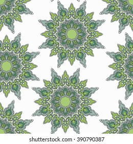 Colorful hand drawn mandala seamless pattern on white background. Round hand drawn asian ornamental doodle flowers. Vector illustration.