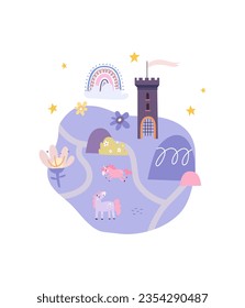 Colorful hand drawn map of wonderland with castles and rainbow. Concept for children posters, t-shirts, stickers, greeting cards.